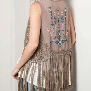 Kori America Size S Crochet Fringe Vest Embroidered Brown Aztec Western Boho